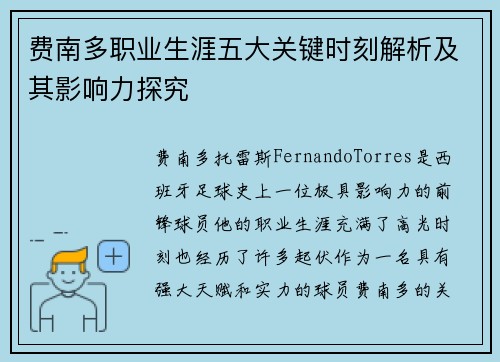 费南多职业生涯五大关键时刻解析及其影响力探究