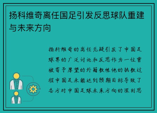 扬科维奇离任国足引发反思球队重建与未来方向